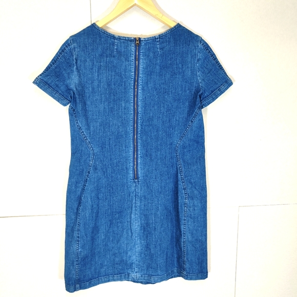 Boden Blue Denim Pinafore Dress Size 10 P Petite Smock Pockets Short Sleeve - Picture 2 of 10